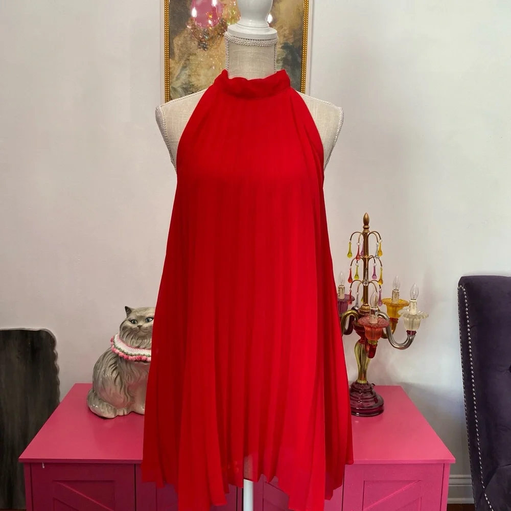 BETSEY JOHNSON XS RED PLEATED ACCORDION TIE BOW NECK DRESS - Picture 3 of 7